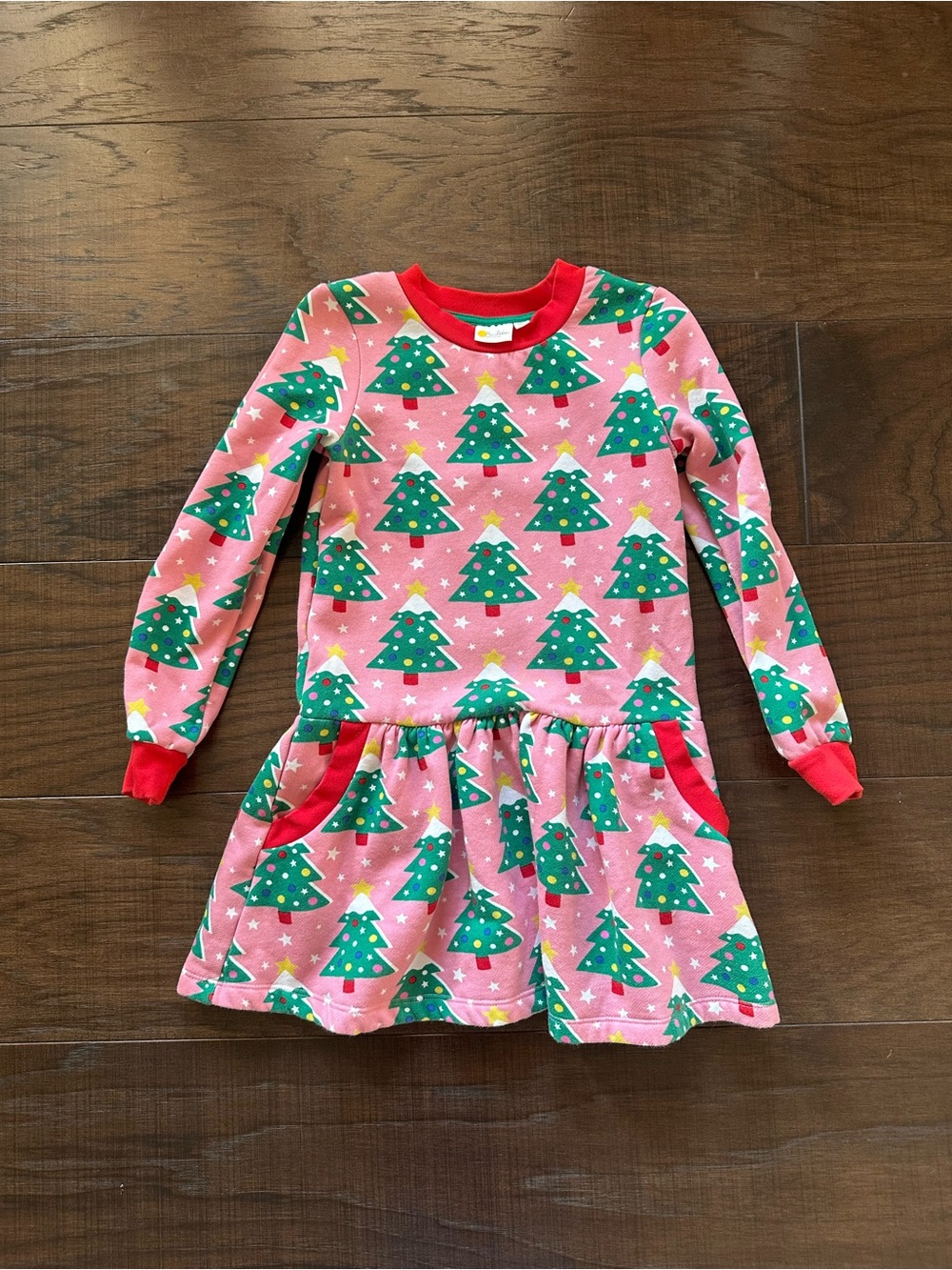 Mini Boden Pink Dress with Green Christmas Tree Print and Red Trim